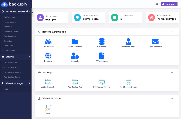 Restore menu v Backuply